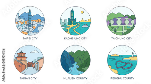 Taiwanese Cities and Counties Landmarks Collection - Flat Design Icons
