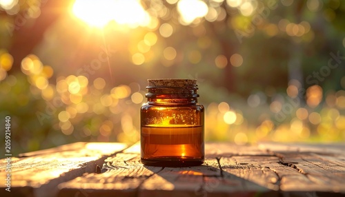 Amber Glass Jar with Liquid in Sunlight, Natural Setting