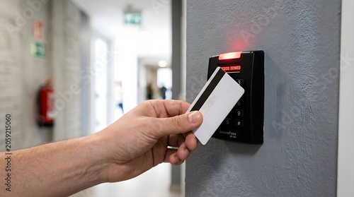 Person holding card near electronic access control panel on gray wall