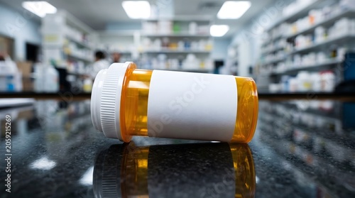 An empty orange and white prescription bottle sits on a pharmacy counter.