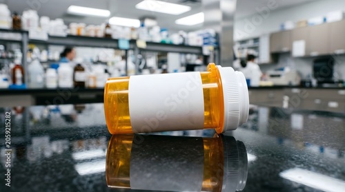 An empty medicine bottle lies on a laboratory countertop amidst various scientific equipment and shelves.