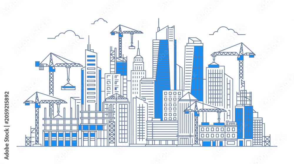 Obraz premium Modern Cityscape Construction Site with Cranes and Skyscrapers