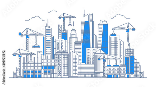 Canvastavla Modern Cityscape Construction Site with Cranes and Skyscrapers