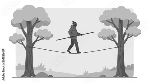Konstfotografi A person walking carefully across a tightrope while holding a balancing pole
