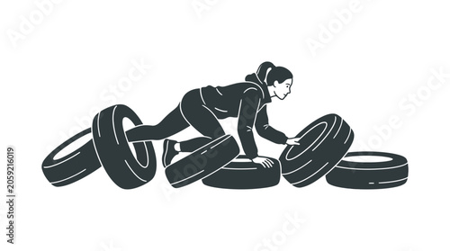 Canvas Print A woman performing a challenging obstacle course workout by crawling through and over tires