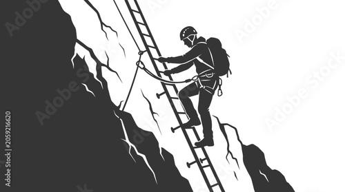 Tableau sur toile A silhouette illustration of a mountaineer climbing a steep ladder on a rocky cliff face
