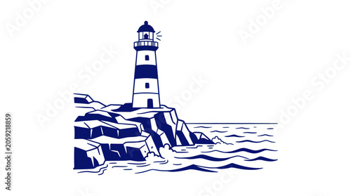 Billede på lærred Coastal lighthouse guiding ships on rocky shore with waves
