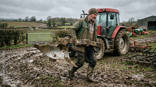 Older farmer carrying a heavy muddy plow attachment across a wet field. Senior man in rubber boots working on a rural farm with a red tractor. Hard agricultural labor