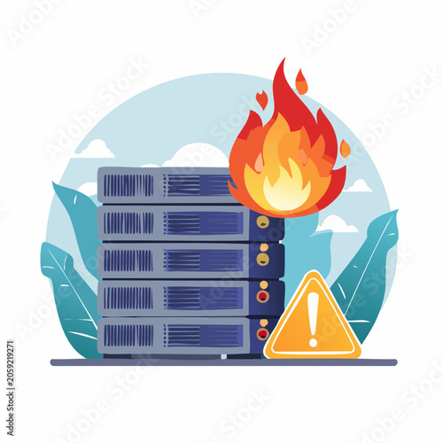 Server rack on fire with warning sign