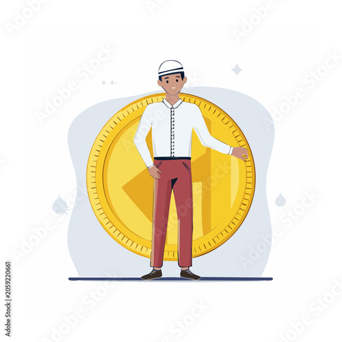 Man standing with large cryptocurrency coin illustration