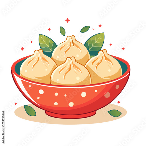 Illustration of dumplings in a red bowl with leaves