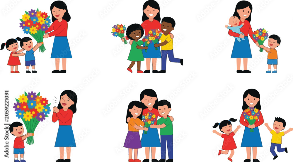 Fototapeta premium Mother with children giving flowers diverse family moments illustration for greeting cards and celebrations