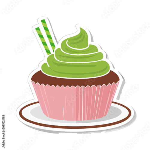 Cartoon Cupcake with Green Frosting and Straw