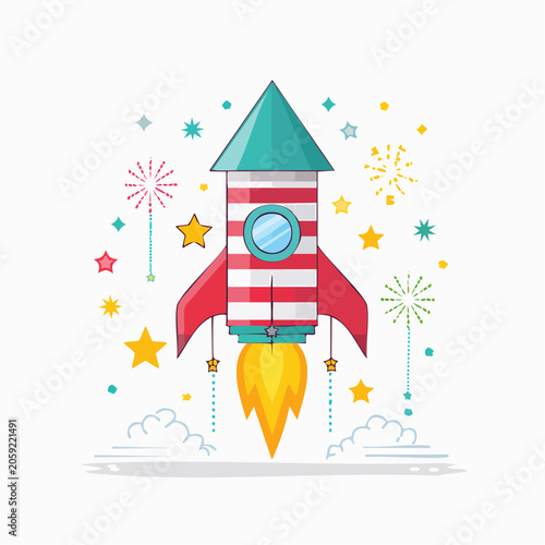 Cartoon Rocket Launching with Fireworks and Stars