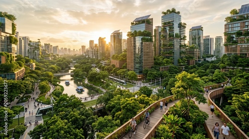 City skyline with green buildings and people walking and biking during sunset in an urban park setting