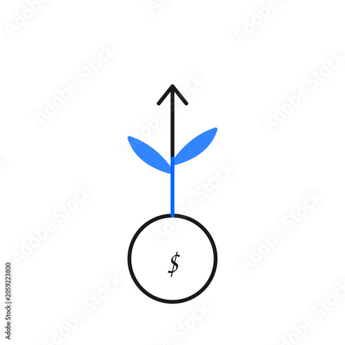 Financial growth concept vector, growing plant with dollar sign and upward arrow, investment success and wealth development icon