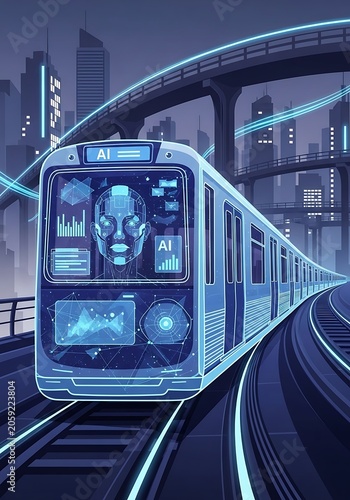 Futuristic Cityscape with Autonomous Train and Digital Infrastructure.