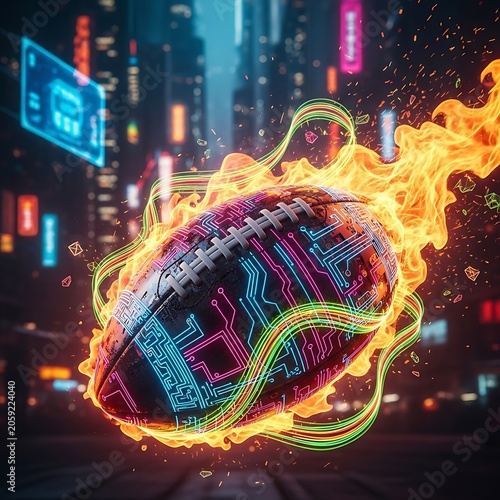 Futuristic Digital Football with Neon Circuitry and Fire Effects.