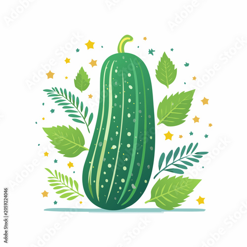 Stylized illustration of a green cucumber with leaves and stars