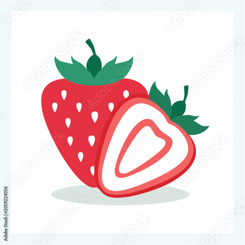 Stylized illustration of a whole and a halved strawberry