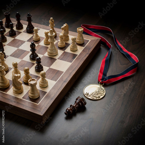 Chess set with wooden pieces arranged on a board features a gold medal resting nearby to signify a final victory.