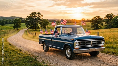 Vintage truck drives on gravel road with flags at sunset in rural area during summer
