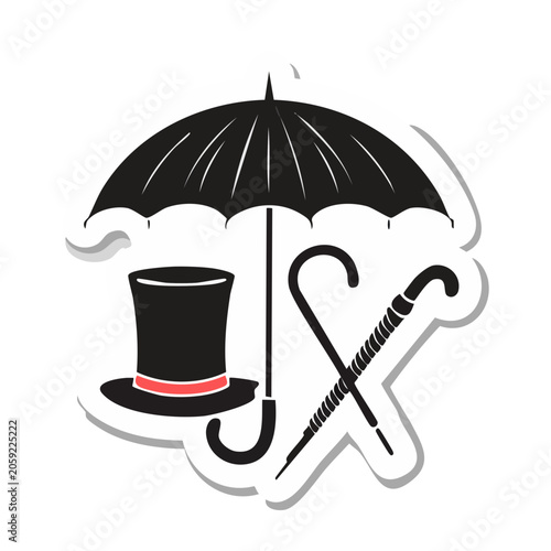 Vintage umbrella, top hat, and cane illustration