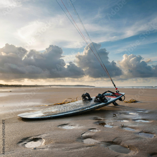 Kitesurf board rests on the wet sand of a beach while the evening sky glows behind soft and textured cloud layers.