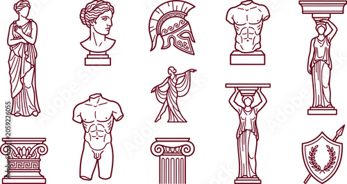 Collection of ancient greek and roman sculpture featuring statues, columns, busts, helmets, and shields on a white background
