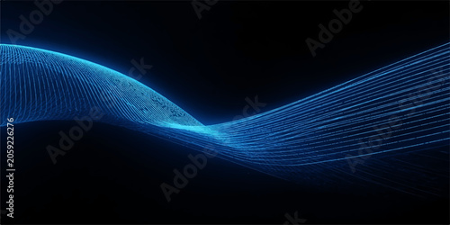 Abstract electric blue particle wave with flowing digital grid lines on black background