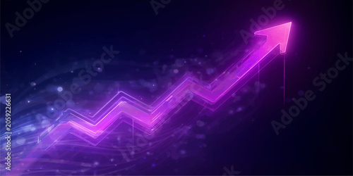 Glowing neon purple upward arrow on dark abstract background, futuristic growth concept