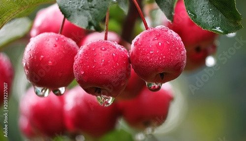 Closeup Of Red Crabapples On Tree After Rain