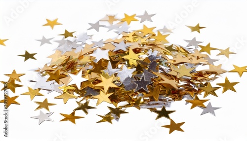 Golden And Silver Star Confetti Scattered Isolated On Transparent Background
