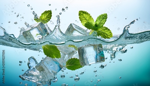 Refreshing Mint Leaves And Ice Cubes Splashing In Clear Water With Bubbles