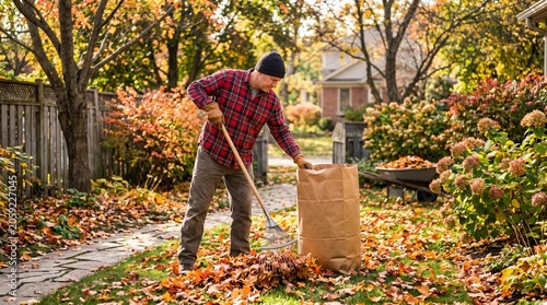 Man raking fallen autumn leaves into a large paper bag in a suburban backyard during fall season