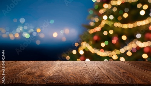 Empty Wooden Table Top With Christmas Tree String Light Blur Bokeh Background Display Of Advertise Product Mockup Template Greeting Card With Copy Space