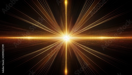 Intense Golden Lens Flare With Starburst And Symmetrical Horizontal Light Rays On Black