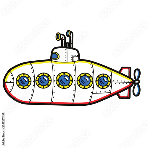 Submarine shaped like a cartoon capsule with portholes and propeller