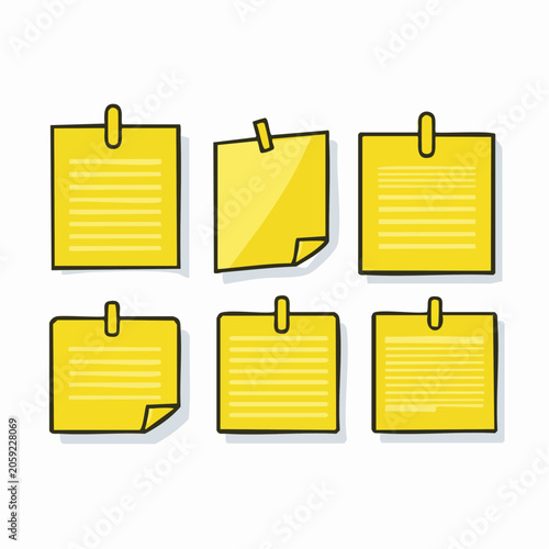Set of Yellow Sticky Notes with Lines and Clips