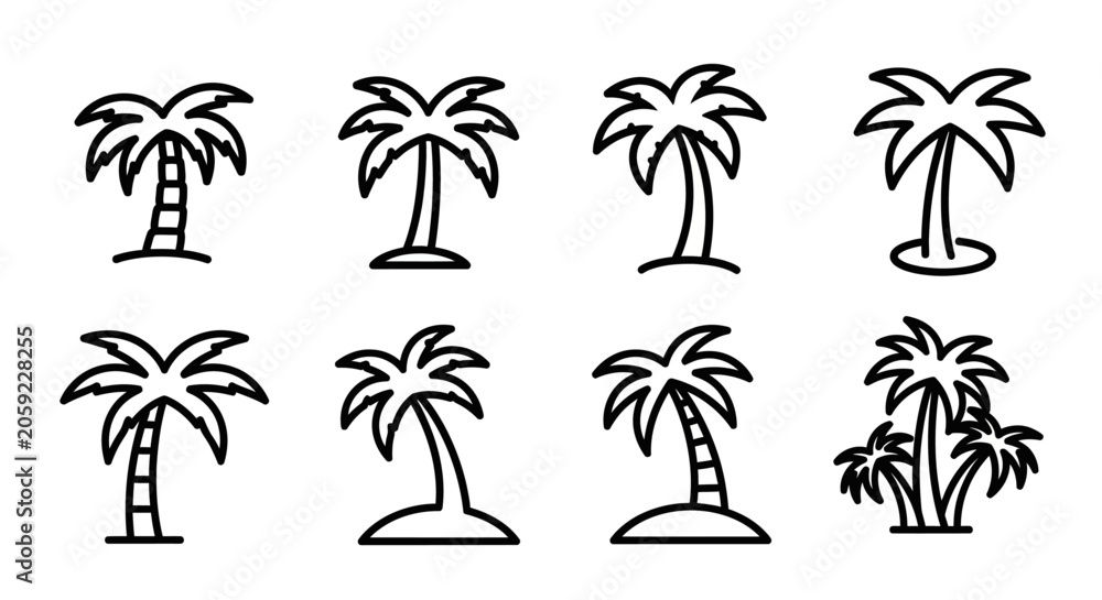 Fototapeta premium Minimalist Black and White Palm Tree Icon Set for Summer Travel Design