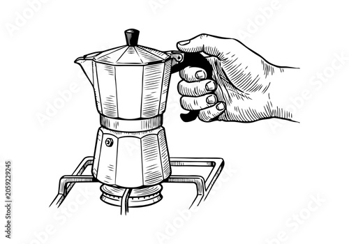 Classic Moka Pot Italian Coffee Maker Vector Illustration Hand Drawn Espresso Brewing Kitchenware Black And White Line Art Sketch For Cafe Menu And Food Graphic Design