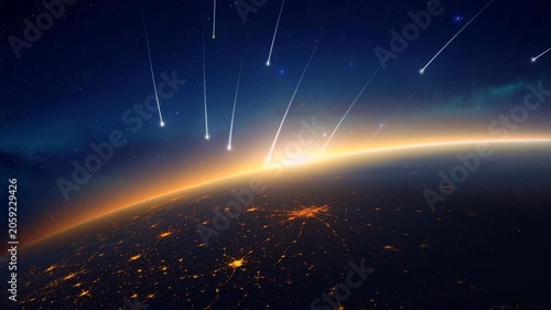 Meteor shower over planet Earth with glowing city lights and bright sunrise on the horizon in space
