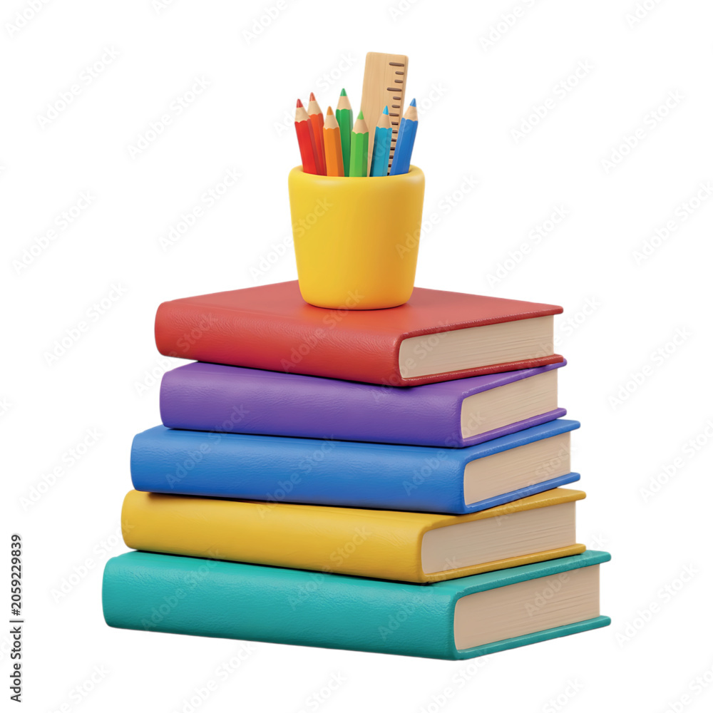 Fototapeta premium Stack of Colorful Books with Pencils on Transparent Background.