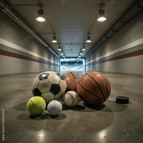Sports balls representing various popular games are arranged together on the concrete floor of a stadium tunnel.