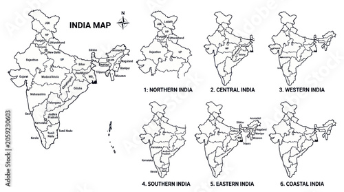 Konstfotografi India Map Divided into Regions: Northern, Central, Western, Southern, Eastern, C