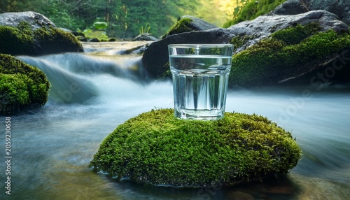 Glass Of Clear Fresh Water Sitting On Mossy Rock In A Flowing River