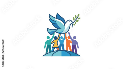 Obraz na plátně Diverse group of people holding up a dove with olive branch, symbol of peace