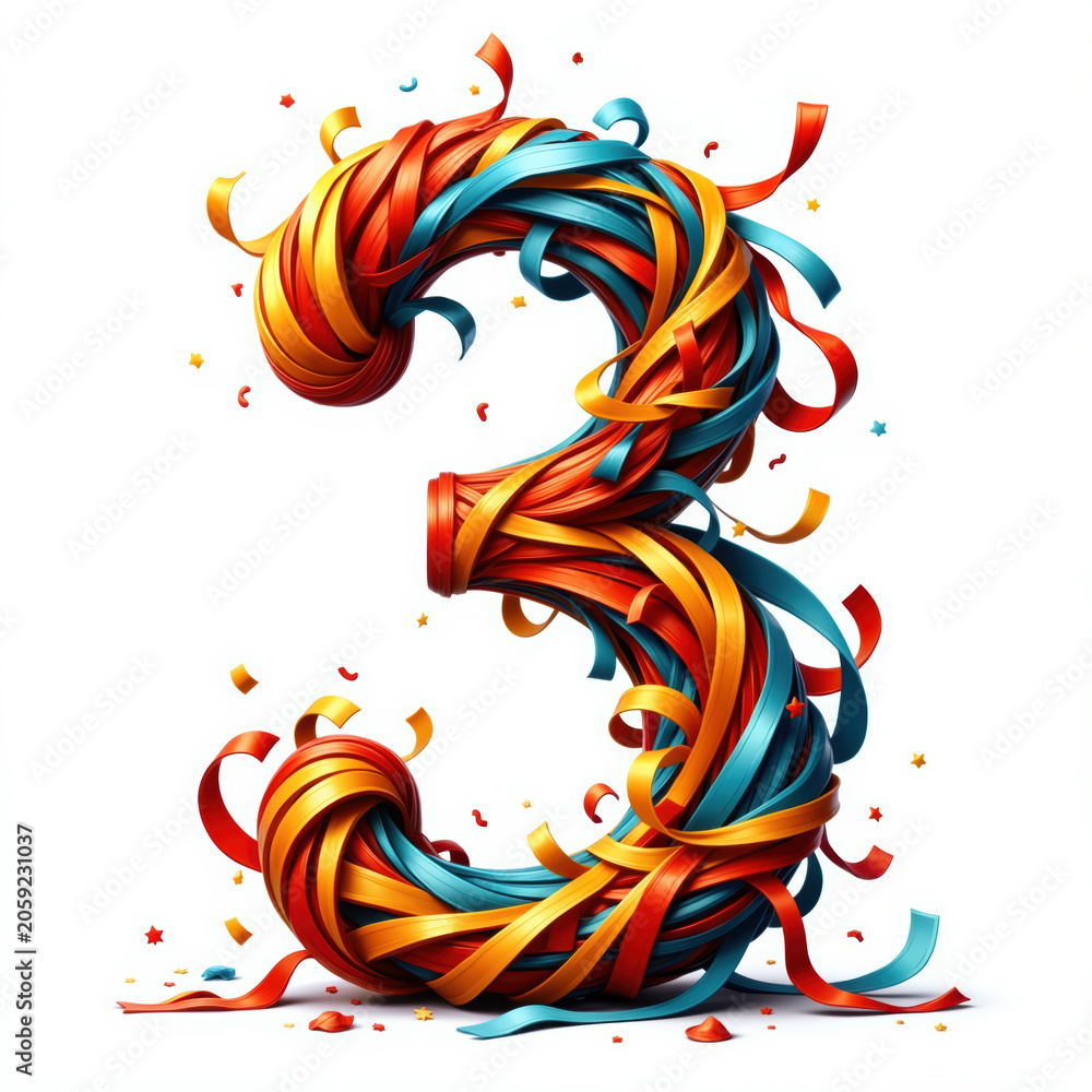 Obraz premium Vibrant illustration of number 3 created with intertwined red, orange, and teal ribbons, surrounded by confetti and stars, symbolizing celebration.