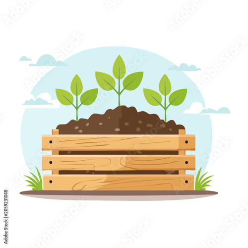 Seedlings growing in a wooden crate with soil