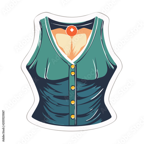 Teal Corset Top with Buttons, Flat Design Illustration